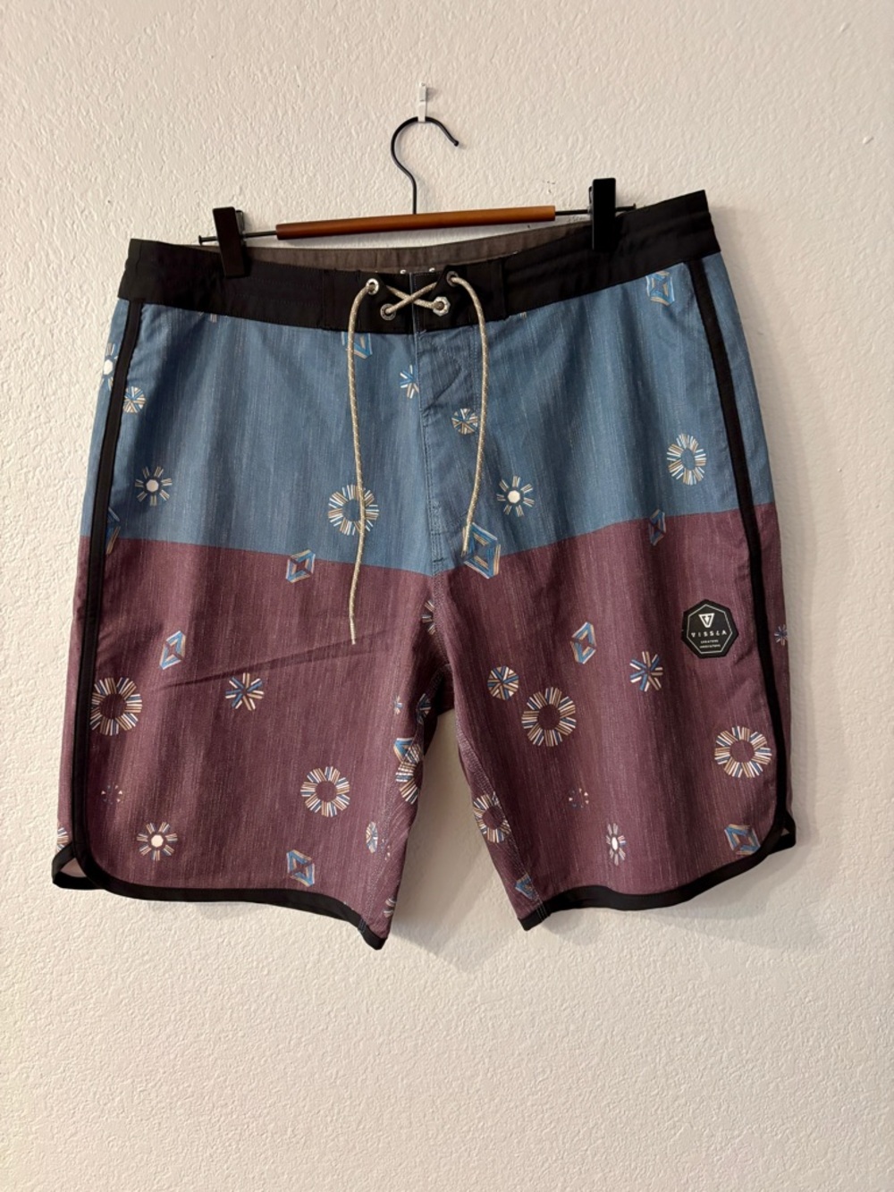 VISSLA Two-Tone Blue and Burgundy Floral Print Board Shorts